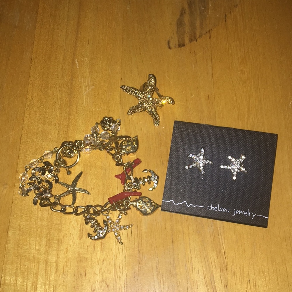 Bracelet, earrings and ring.